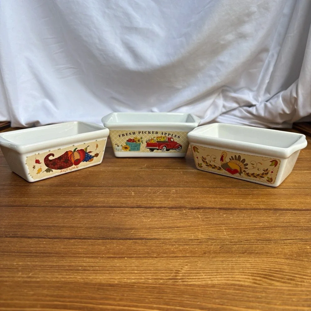 3pc Fall Autumn Ceramic Mini Loaf Pans Baking Dishes Harvest Apple Turkey